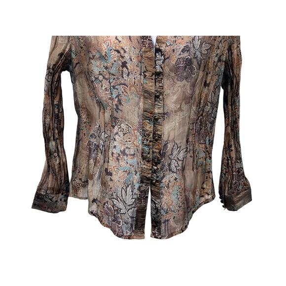 Coldwater Creek Top Wmns Sz Large 14|16 Brown Paisley Leaves Blouse Tuck Detail - Picture 5 of 13